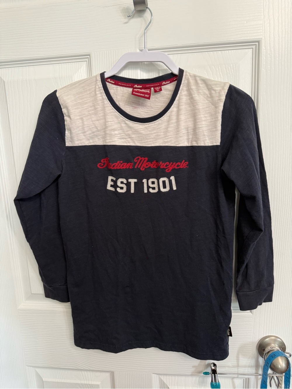 Indian Motorcycle Est 1901 Long Sleeve Retro Tee Shirt Blue Cream Kids XL